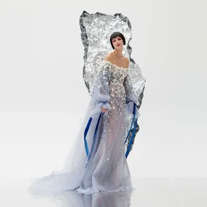Robes décontractées Onirique lavande 3D fleur voir à travers longues robes maxi sans bretelles manches bouffantes sirène tulle formelle robe de mariée