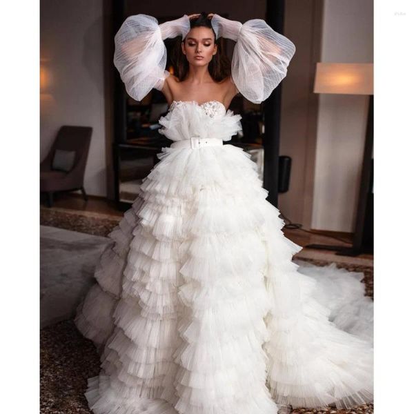 Vestidos informales Volantes blancos de ensueño Tul nupcial con mangas desmontables Vestidos de novia de malla drapeados hinchados Vestido de fiesta de encaje con cuentas