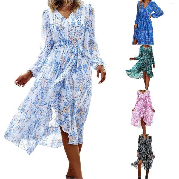 Vestidos casuales Vestido bohemio Temperamento femenino Elegante floral Una línea Falda larga Correas Flotante Dobladillo grande