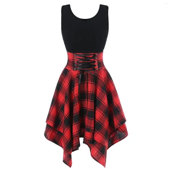 Vestidos casuales Vestido para mujer Elegante Lace Up Party Mujeres Verano Preppy Cross Plaid Mini Holiday Ropa gótica Sundress Vestidos