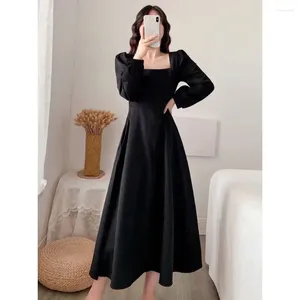 Casual jurken jurk voor vrouwen herfst lange mouwen vierkante kraag overknoop lange zwarte vrouw vestido de mujer femme gewaad