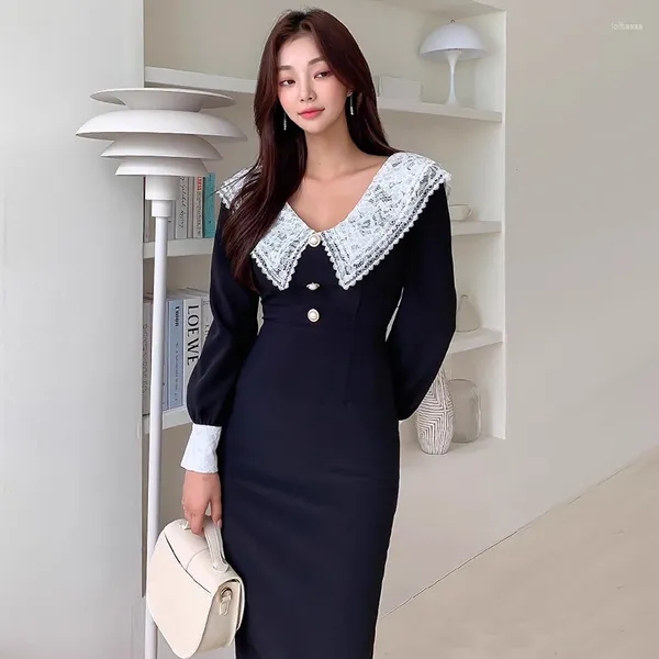 Vestidos casuales Vestido para mujeres Estilo francés Retro Suave Tamaño grande Media longitud Cuello en V Moda Viajero Empalme Cuello de muñeca de encaje