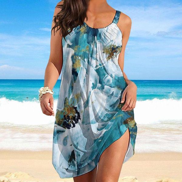 Robes décontractées robe pour femmes été plage printemps dégradé impression lâche balançoire couvrir robe d'été sans manches broder tunique