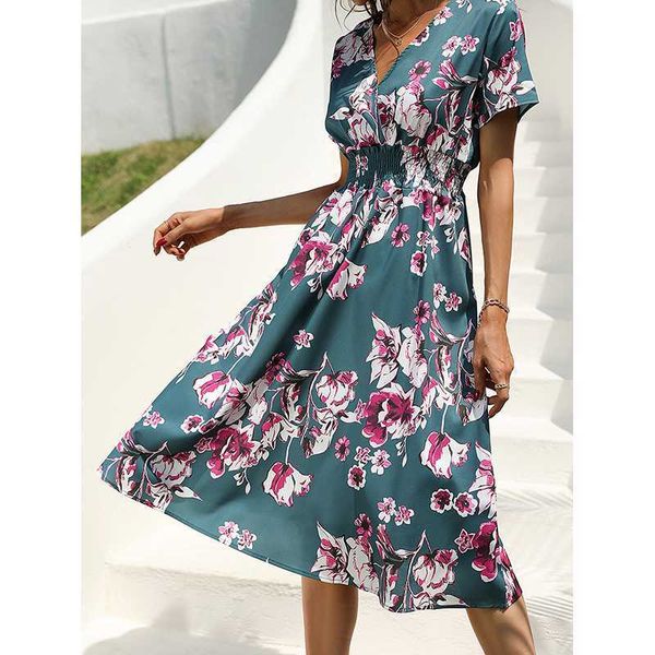 Robes décontractées robe dames été 2023 imprimé floral en mousseline de soie décontracté été robe de plage col en v à manches courtes une ligne fleur robe mi-longue G230311