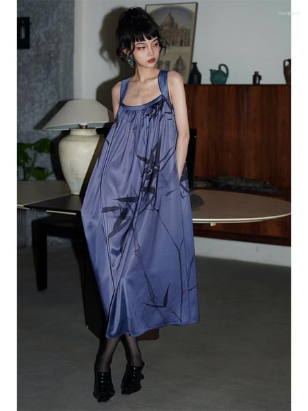 Vestidos casuales Vestido Correa larga Hoja de bambú Impreso Jersey Suelto Sin espalda Escote en V Adelgazante Falda grande Champán Azul Púrpura Verano