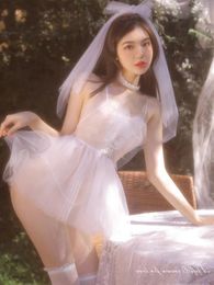 Casual jurken jurk mesh kant pure transparant wit backless bandage sexy bruid cos romantische bruiloft elegant uniform vrouwen top mn1y