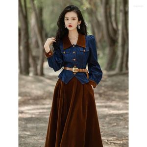 Casual jurken jurk vintage Franse fluweel patchwork denim top tweedelig bijpassende rokpak vrouwen in de herfst en winter