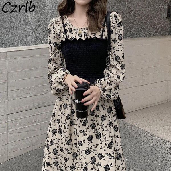 Robes décontractées Robe Femmes Automne Style coréen O-Cou Patchwork Vintage Floral Design Tunique Slim Tendre Lanterne Manches Élégant Parti Goth