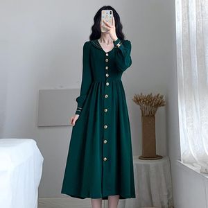 Casual jurken jurk vrouwen pure zeeman kraag knop met lange mouwen verzamelen taille elegante mode donkergroene kleding herfst 2023 preppy stijl