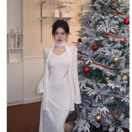Casual jurken kleden vrouwen kleine geur franse retro zachte luie stijl halverwege lengte v-neck winter gebreide lichte strech