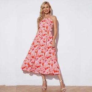 Casual jurken jurk vrouwen zomer 2024 bloemenprint mouwloze halter nek backless dunne taille vestidos verkoop jqmy7315