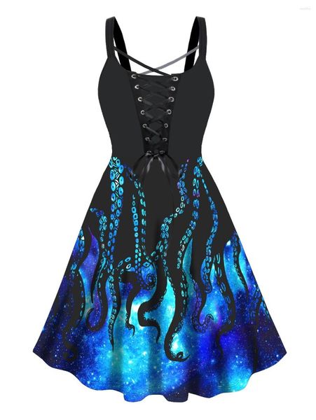 Robes décontractées Dressfo grande taille Galaxy pieuvre imprimer à lacets taille haute Robe mi-longue gothique surdimensionné femmes Robe pour la fête d'été