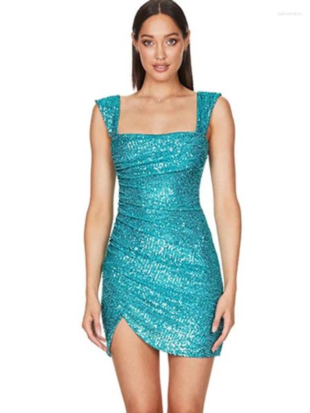 Vestidos casuales Dressofcb Cuello cuadrado Lentejuelas Sexy Club Vestido 2024 Correa de espagueti negra Fiesta corta Disco Dance Club nocturno Desgaste