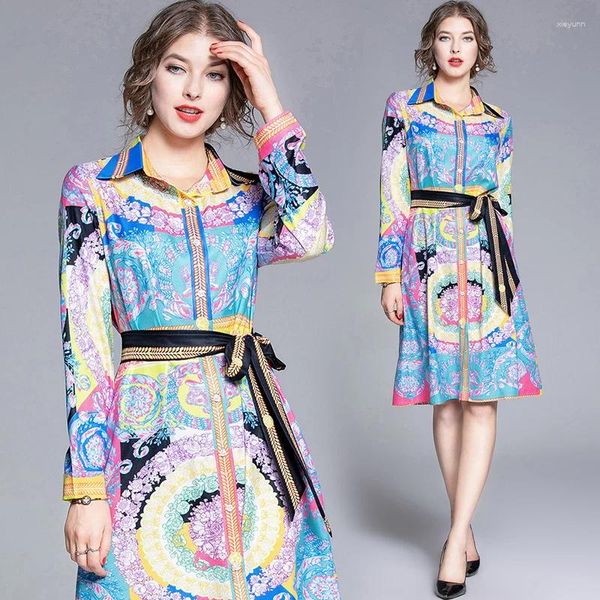 Vestidos casuales Drop Summer Fall Runway Vintage Floral Barroco Estampado Collar Cinturón Manga larga Mujer Fiesta A-Line Midi Shirt Vestido