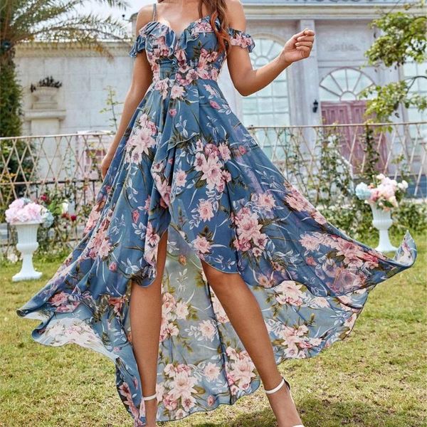 Vestidos casuales Dubai africano para mujeres fuera del hombro frente manga corta largo elegante floral gasa vestido musulmán