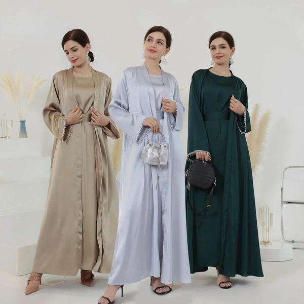 Robes décontractées Dubaï Printemps / Été Quotidien Couleur Solide Robe perlée Ensembles Femmes Deux pièces Robe Cardigan Robes de Mujer Turquie Tunique