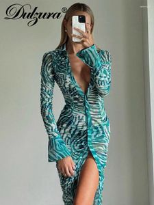 Casual jurken Dulzura Ruches Y2K-kleding Bloemenprint Kraagvorm V-hals Lange mouwen Zijsplit Bodycon Midi Voor Dames 2024 Club