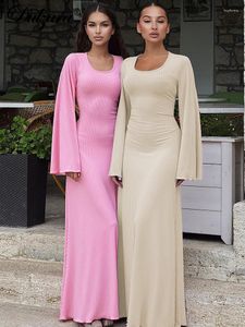 Robes décontractées Dulzura Solide Côtelé Trompette Manches Maxi Robe Dos À Lacets Bretelles Élégant 2023 Automne Hiver Pour Les Femmes Anniversaire