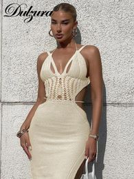 Vestidos casuales Dulzura Verano Sexy Y2K Ropa Hollow Out Lace Up Sin mangas Sin respaldo Lado Slit Crochet Bodycon Midi Vestido para mujeres 2024