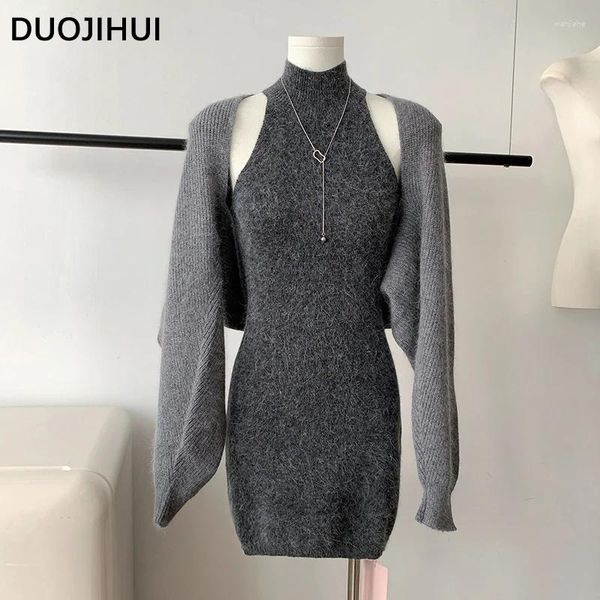 Robes décontractées duojihui deux pièces gris basique sexy tricoteuse femme automne châle de mode simple couleur solide femme robe