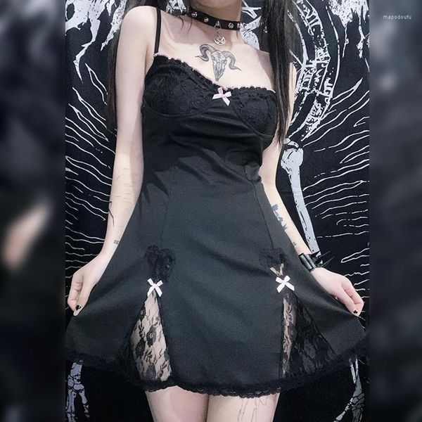 Robes Décontractées E-girl Gothique Dark Academia Mini Robe Y2K Esthétique Kawaii Arc Dentelle Patché Noir Harajuku Grunge Mall Goth Vêtements