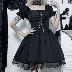 Casual jurken e-girl gotische lolita puff mouw zwarte a-line jurk donkere academia front tie up kanten mini 90s vintage y2k streetwear