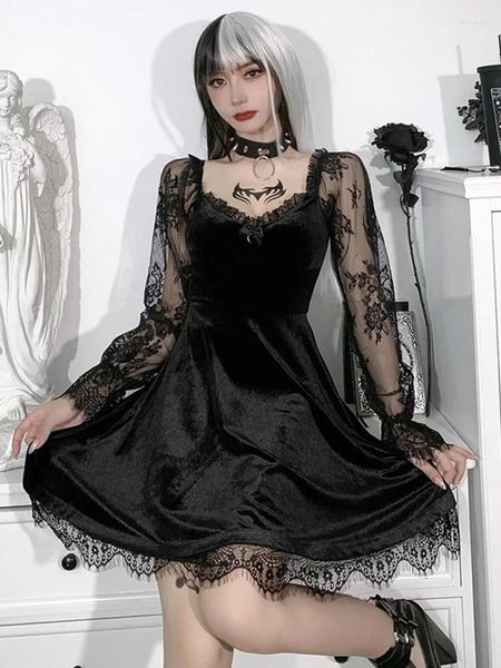 Vestidos casuales E-Girl Grunge Gothic Black Mini Vestido Lace Trim High Cintura Mujeres 90s Vintage Punk Harajuku Lolita Ropa