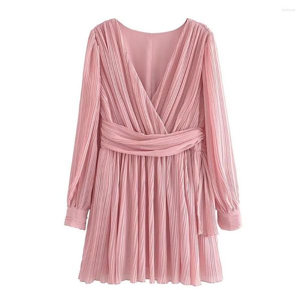 Vestidos casuales Principios de otoño Moda Mujer Retro Temperamento Dulce Cuello en V Manga larga Tela plisada Mini vestido