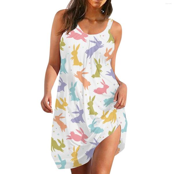 Vestidos casuales Pascua Verano Mujer Sin mangas Patrón de huevo Tanque Chaleco Camiseta Vestido Adolescente Mujer Maxi con bolsillos