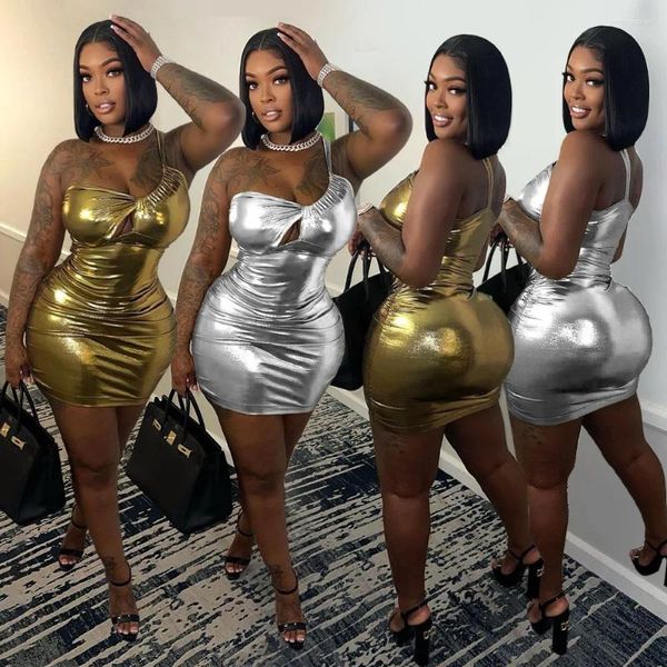 Vestidos casuales Echoine Fold Hollow Oblicuo Hombro Metálico Oro Plata Mini Vestido Sexy Flaco Bodycon Fiesta Noche Noche Clubwear