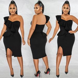 Casual jurken echoine sexy een schouder ruches jurk vrouwen bodem gesplitst bodycon lange strapless feest sundress clubkleding zomerkleding