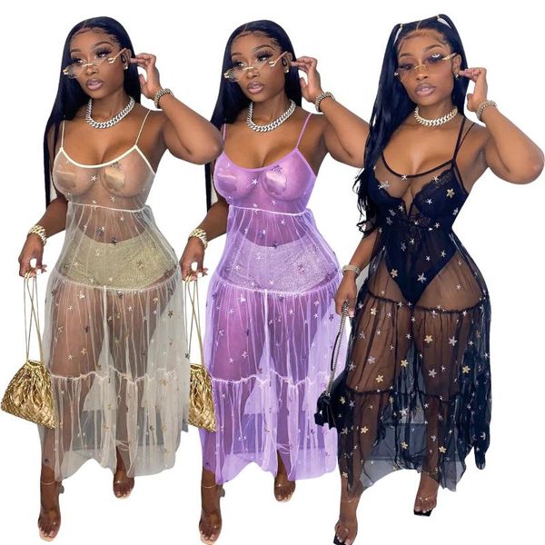 Robes décontractées Echoine Sheer Mesh Transparent Strap Maxi Robe longue Sequin Sexy Party Club Vintage Vestidos Summer Sundress Outfits