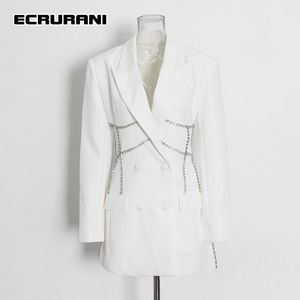 Casual jurken Ecrurani White Patchwork Pearl voor vrouwelijk geknipte lange mouw hoge taille afslanke solide 2023 dames zomerjurk