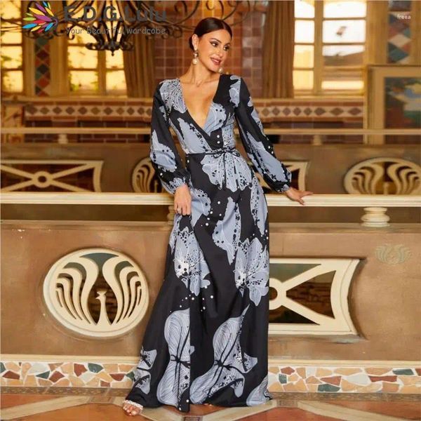 Vestidos informales EDGLULU Vacaciones Trajes Mujer 2024 Tasina de cintura Tassel Floral Impresión Maxi Damas Bohemian Long 0402