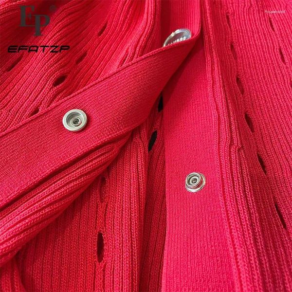 Vestidos casuales EFATZP 2024 Francia Punto de alta calidad Vestido de cuello en V rojo Letra Punto Hollow Out Elegante Fiesta Moda Mujeres