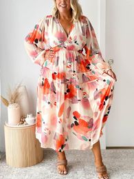 Casual Jurken Eghunooye Vrouwen S Zomer Boho Bloemenprint Midi Jurk Gedrukt Chiffon Jurk V-hals Lange Mouwen Tiered Flowy Beach