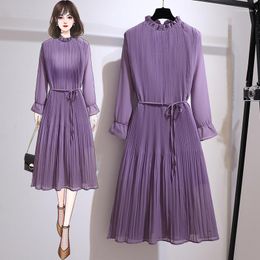 Robes décontractées EHQAXIN femmes élégant violet en mousseline de soie été 2023 mode col montant à manches longues lâche dames robe plissée