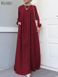 Robes décontractées Eid Kaftan Robe longue musulmane ZANZEA Élégant Abaya Printemps Manches Boutons Robe d'été Turquie Abayas Vêtements islamiques Robe Femme