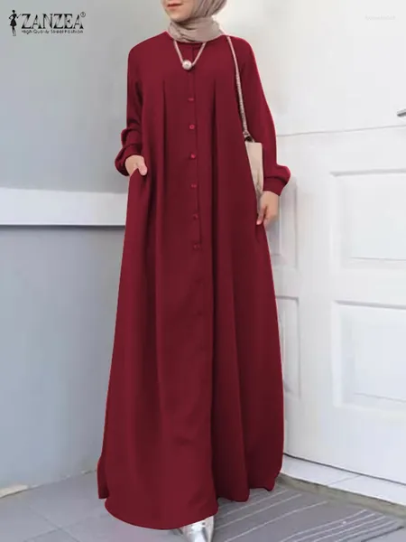 Vestidos casuales Eid Kaftan Vestido largo musulmán ZANZEA Elegante Abaya Botones de manga de primavera Sundress Turquía Abayas Ropa islámica Robe Femme