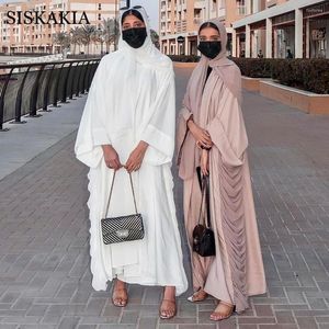 Abiti casual Eid Medio Oriente Musulmano Dubai Maxi Abito per le donne Moda Solido drappeggiato Caftano marocchino Scollo a V Manica lunga Abaya Chiffon