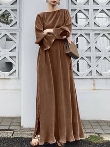 Casual Jurken Eid Mubarek Vrouwen Mode Lange Mouw Kaftan Moslim Jurk Vintage Hijab Gewaad Femme Solid Abaya Maxi Zonnejurk