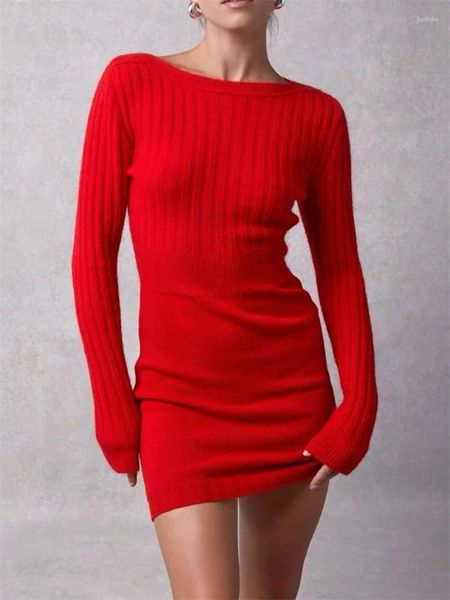 Robes décontractées Fil élastique tricoté Mini robe pour femmes à manches longues Slim Fit dames polyvalent robes courtes 2023 automne/hiver
