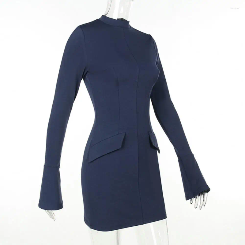 Casual jurken, elastische taille, slanke jurk, elegante effen kleur, mini met klepzakken, bodycon met lange mouwen voor dames