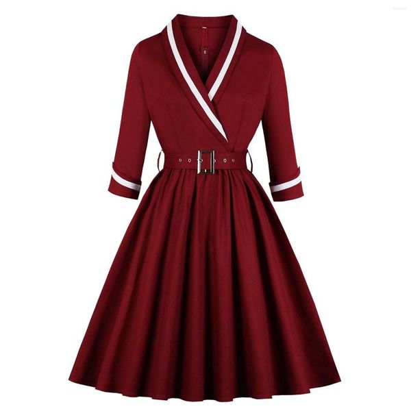 Robes décontractées Élégant des années 50 Robe de soirée rétro Vintage Wrap Ceinture plissée Automne Coton A-Line Tunique 3/4 Manches Bureau Lady Femmes