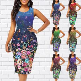 Vestidos informales elegantes vestidos de línea A para mujeres Flores de estampado sin mangas redondeadas Sexy Slim Skirt Halloween Purim Outfits 5xl