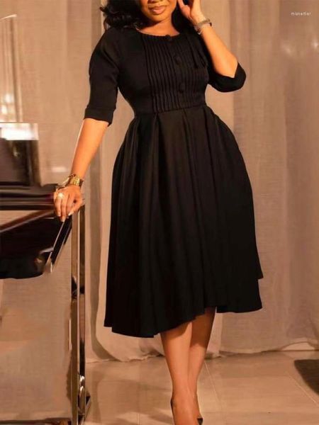 Vestidos casuales Elegante Una línea para mujeres 3/4 Manga O Cuello Botones Midi Skater Dress Modest Office Business Wear Iglesia Ropa