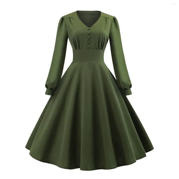 Robes décontractées Robe d'automne élégante Robe à col en V Bouton avant Taille haute Longue manches Bishop Femmes Vêtements Vert Solide Vintage Dames Swing