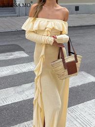 Casual jurken elegante herfst dames ruches strapless maxi-jurk met lange mouwen dames sexy hight split-outfits avondjurk