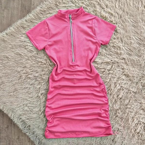 Vestidos casuales elegante otoño invierno rosa cremallera bodycon vestido mujeres 2024 cuello alto delgado acanalado punto manga corta mini vestido