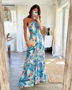 Casual jurken Elegant verbanden met bloemen gedrukte lange jurk voor vrouwen sexy backless holle hol -out strandkleding mouwloze vintage rok set